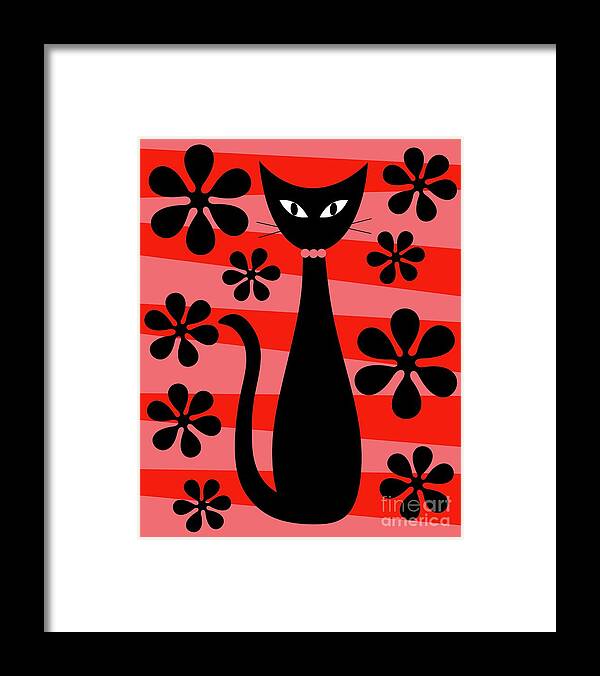 Donna Mibus Framed Print featuring the digital art Groovy Flowers with Cat Red and Light Red by Donna Mibus