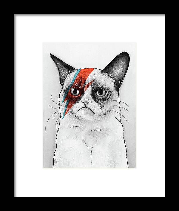 Grumpy Cat Framed Print featuring the drawing Grumpy Cat as David Bowie by Olga Shvartsur