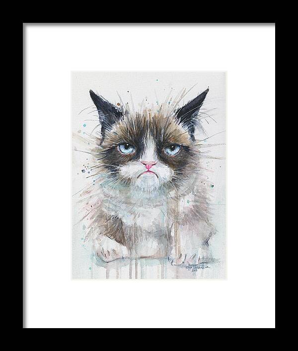 Watercolor Framed Print featuring the painting Grumpy Cat Watercolor Painting by Olga Shvartsur