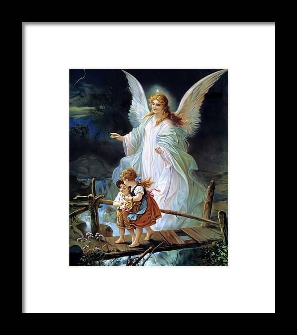 Angel Framed Print featuring the painting Guardian Angel Watching Over Children On Bridge by Lindberg