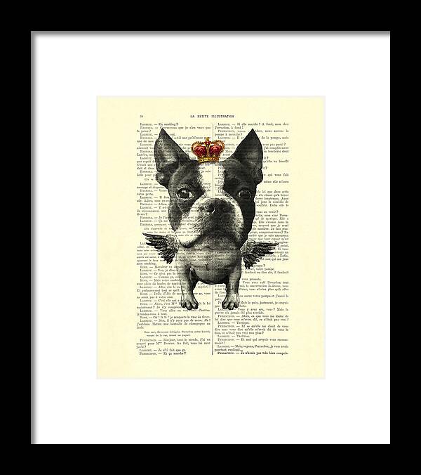 Angel Dog Framed Print featuring the digital art Boston Terrier With Wings And Red Crown Vintage Illustration Collage by Madame Memento