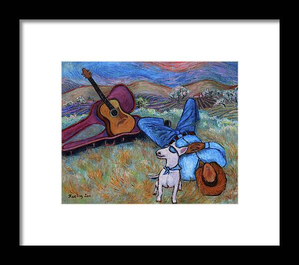 Figurative Framed Print featuring the painting Guitar Doggy and Me in Wine Country by Xueling Zou