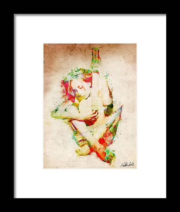 Guitar Framed Print featuring the digital art Guitar Lovers Embrace by Nikki Smith