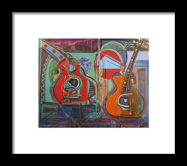 Modern Art Framed Print featuring the painting Guitars Mars And The Missing Human Stars by Dennis Tawes