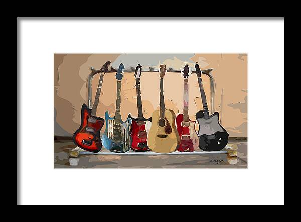 Guitar Framed Print featuring the digital art Guitars On A Rack by Arline Wagner