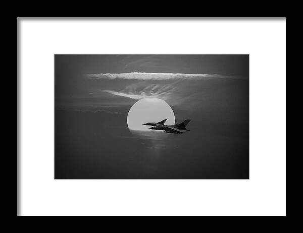 Tornado Gr1 Framed Print featuring the photograph Gulf War sunset departure BW version by Gary Eason