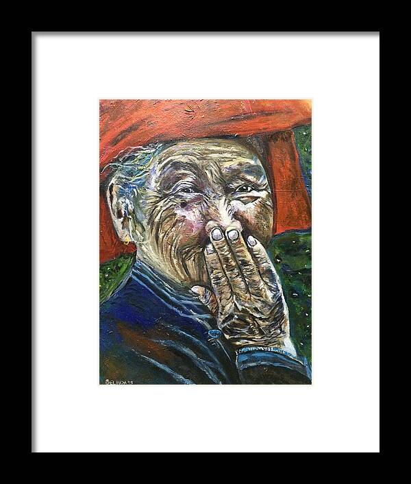 Old Woman Framed Print featuring the painting H A P P Y by Belinda Low