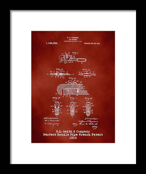 H D Smith Framed Print featuring the digital art H. D. Smith Perfect Handle Pipe Wrench Patent White on Red by David Smith