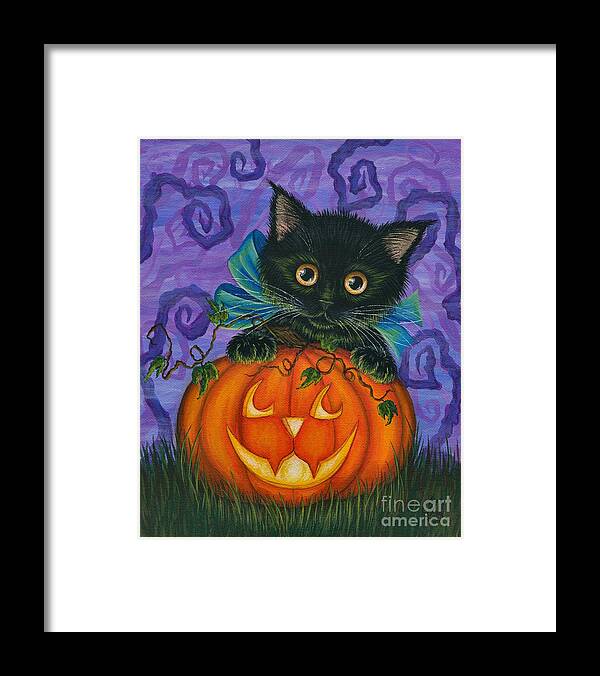 Halloween Cat Framed Print featuring the painting Halloween Black Kitty - Cat and Jackolantern by Carrie Hawks