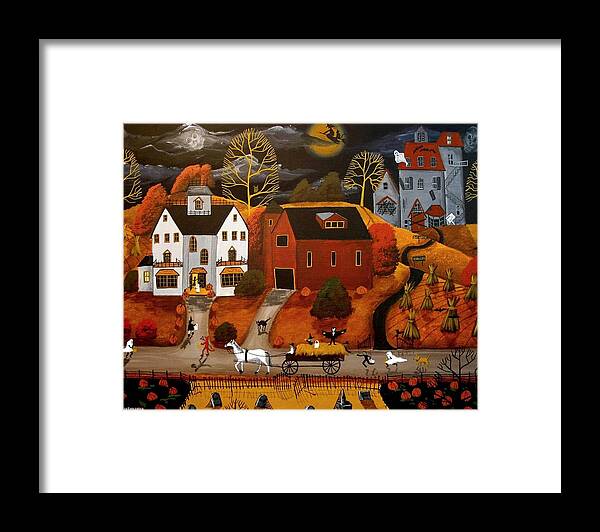 Folk Art Framed Print featuring the painting Halloween Hay Ride - a folkartmama - folk art by Debbie Criswell