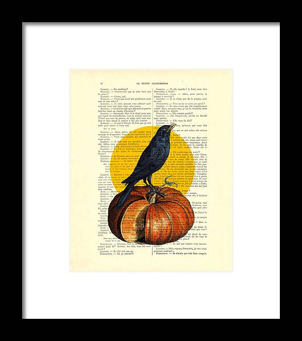 Crow Framed Print featuring the digital art Halloween pumpkin and crow decoration by Madame Memento