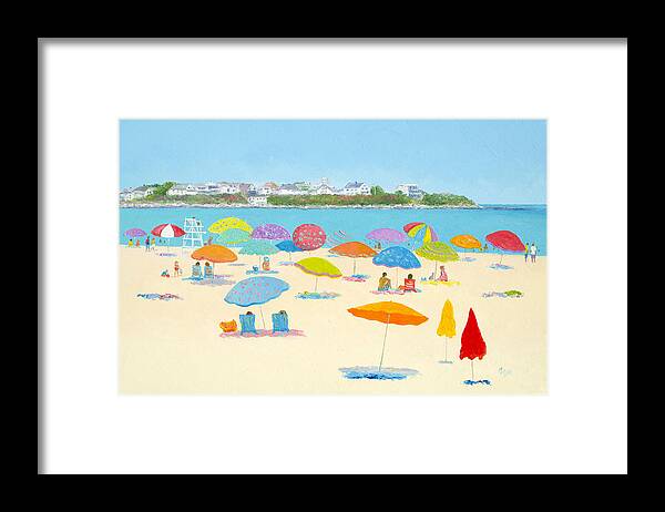 Hampton Beach Framed Print featuring the painting Hampton Beach Umbrellas by Jan Matson