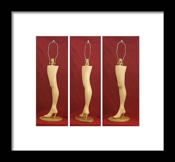 Wood Carving Framed Print featuring the sculpture Hand Carved Wood Leg Lamp by Mike Burton