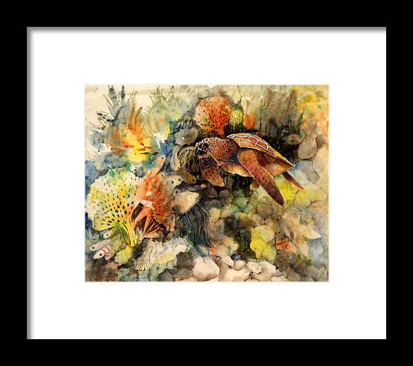 Turtle In The Deep With Other Water Creatures Framed Print featuring the painting Hangin' Out 2 by Mary DuCharme