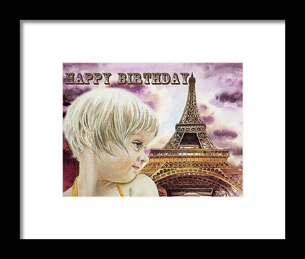 Birthday Framed Print featuring the painting Happy Birthday French Girl Paris Card by Irina Sztukowski