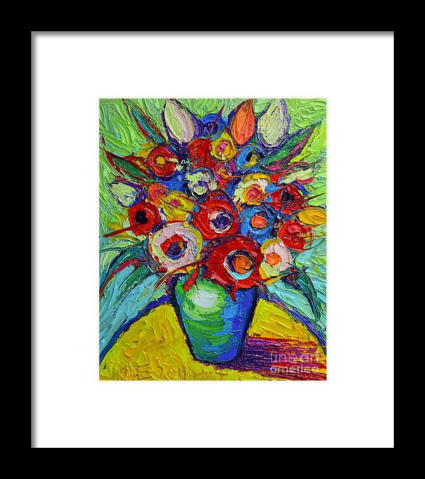 Abstract Framed Print featuring the painting Happy Bouquet Of Poppies And Colorful Wildflowers On Round Yellow Table Impasto Abstract Flowers by Ana Maria Edulescu