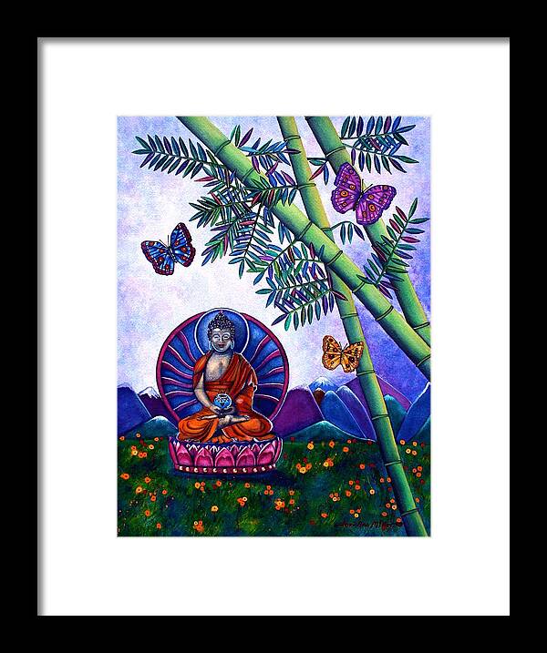 Happy Framed Print featuring the painting Happy Buddha and Prosperity Bamboo by Lori Miller