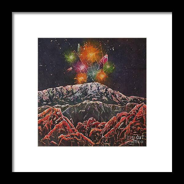 Fireworks Framed Print featuring the mixed media Happy New Year From America's Mountain by Carol Losinski Naylor