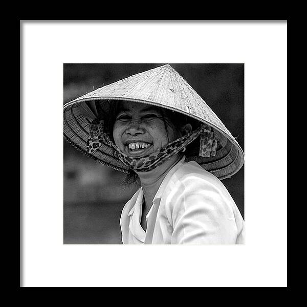 Monochromatic Framed Print featuring the photograph Happy Woman From Hoi An. #blackandwhite by Jesper Staunstrup