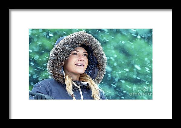 Adult Framed Print featuring the photograph Happy woman in winter park by Anna Om