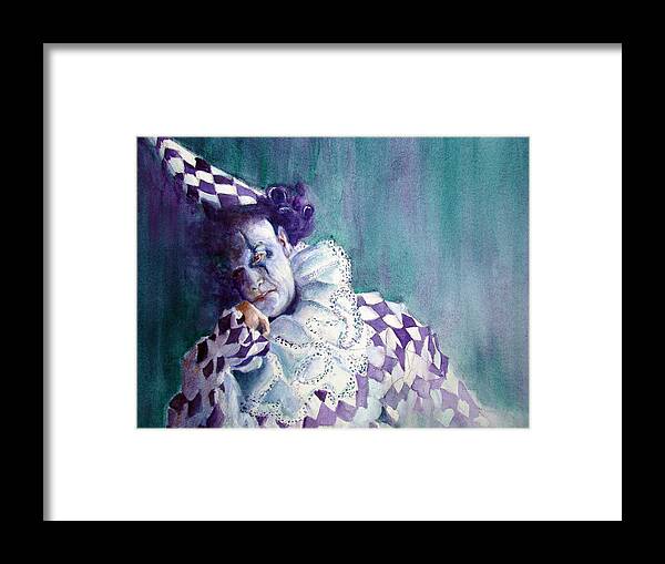 Unhappy Clown Portrait Framed Print featuring the painting Harlequin I by Myra Evans