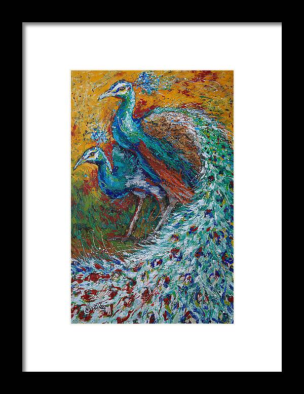 Peacock And Peahen Framed Print featuring the painting Harmonious by Jyotika Shroff