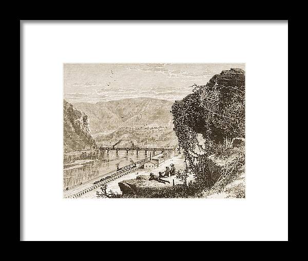 Black And White Framed Print featuring the drawing Harpers Ferry Circa 1870s. From by Vintage Design Pics
