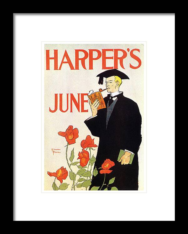 Harper's June Framed Print featuring the mixed media Harper's Magazine - June - Magazine Cover - Vintage Advertising Poster by Studio Grafiikka