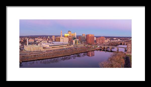 Hartford Framed Print featuring the photograph Hartford CT Pre-Dawn Skyline - Aerial Panorama by Mike Gearin
