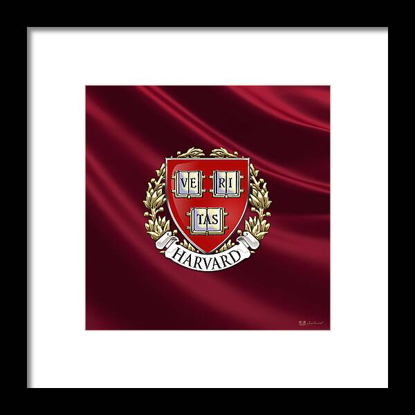 Universities Framed Print featuring the photograph Harvard University Seal Over Colors by Serge Averbukh