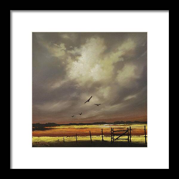 Contemporary Landscape; Orange And Gold; Billowing Clouds; Soaring Birds; Tom Shropshire Painting Framed Print featuring the painting Harvest Gold by Tom Shropshire