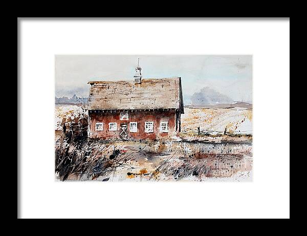 An Old Weathered Barn Stands Beside The Distant Harvested Fields. Framed Print featuring the painting Harvested Fields by Monte Toon
