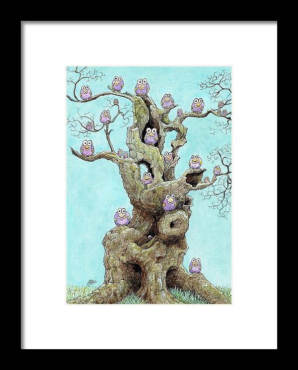 Crazy Creatures Tree Fantasy Whimsical Purple Blue Branches Child Children Imaginary Framed Print featuring the drawing Hatchlings by Charles Cater