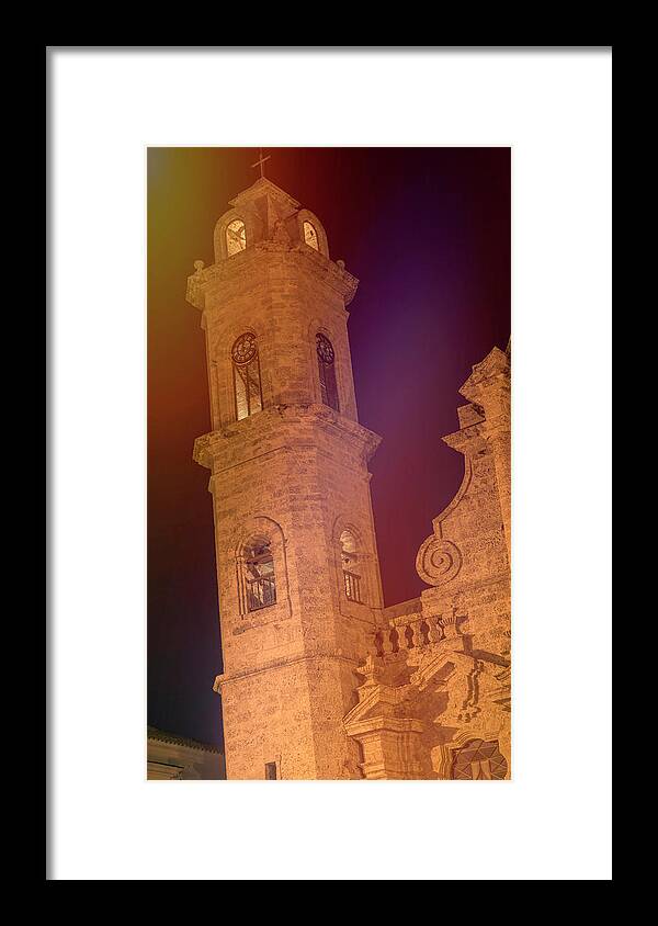 Joan Carroll Framed Print featuring the photograph Havana Cathedral Tower Night by Joan Carroll