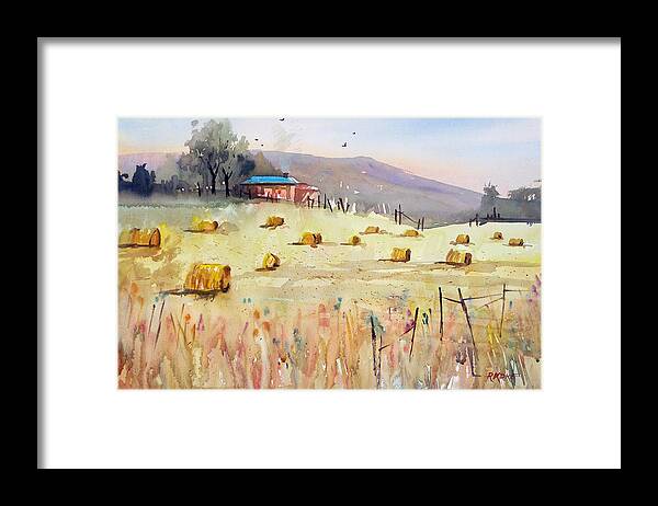 Watercolor Framed Print featuring the painting Hay Bales by Ryan Radke