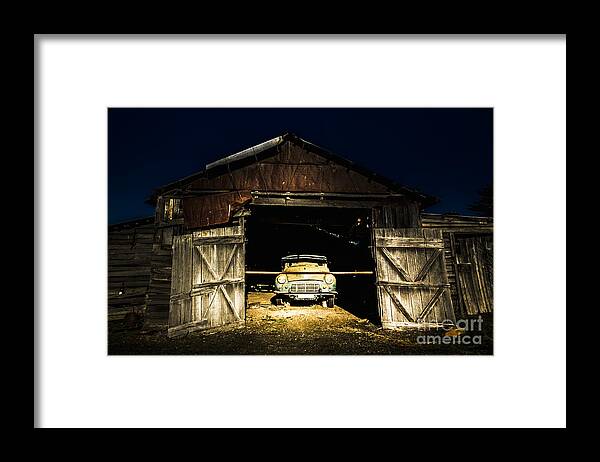 Shack Framed Print featuring the photograph Hay hut garaging a vintage car by Jorgo Photography