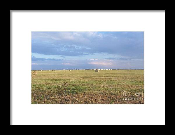 Landscape Framed Print featuring the photograph Haybales With Violet Sky by Susan Williams