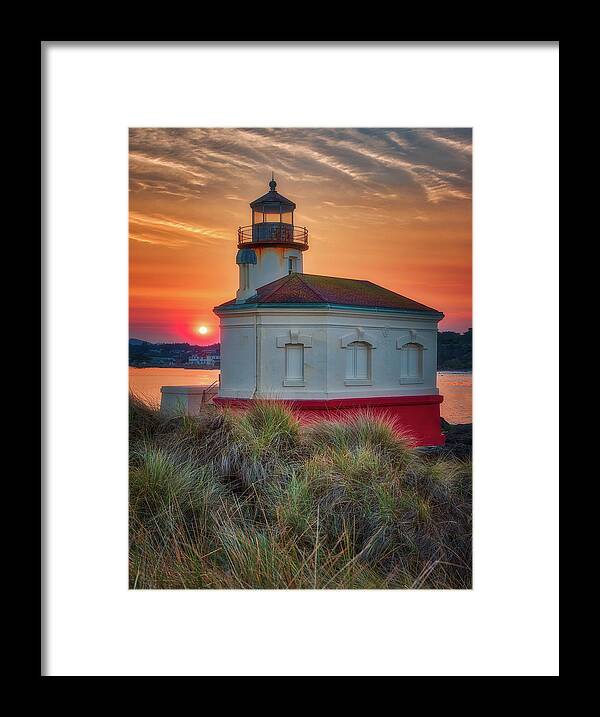 Oregon Framed Print featuring the photograph Hazy Sunrise at Coquille Lighthouse by Darren White