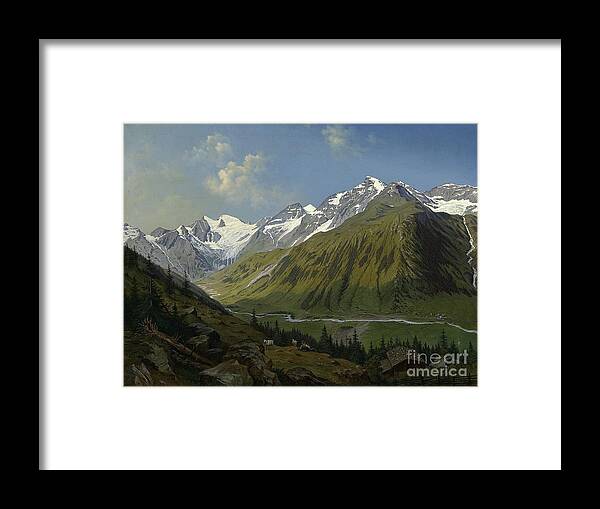 Hubert Sattler The Valley Of Ferleiten With The Wiesbachhorn In The Salzburg Salzburg 1863 Oil On Canvas Framed Print featuring the painting he valley of Ferleiten with the Wiesbachhorn in the Salzburg by MotionAge Designs