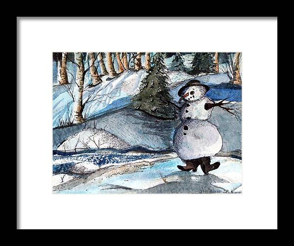 Frosty Framed Print featuring the painting He was made of Snow but the children know by Mindy Newman