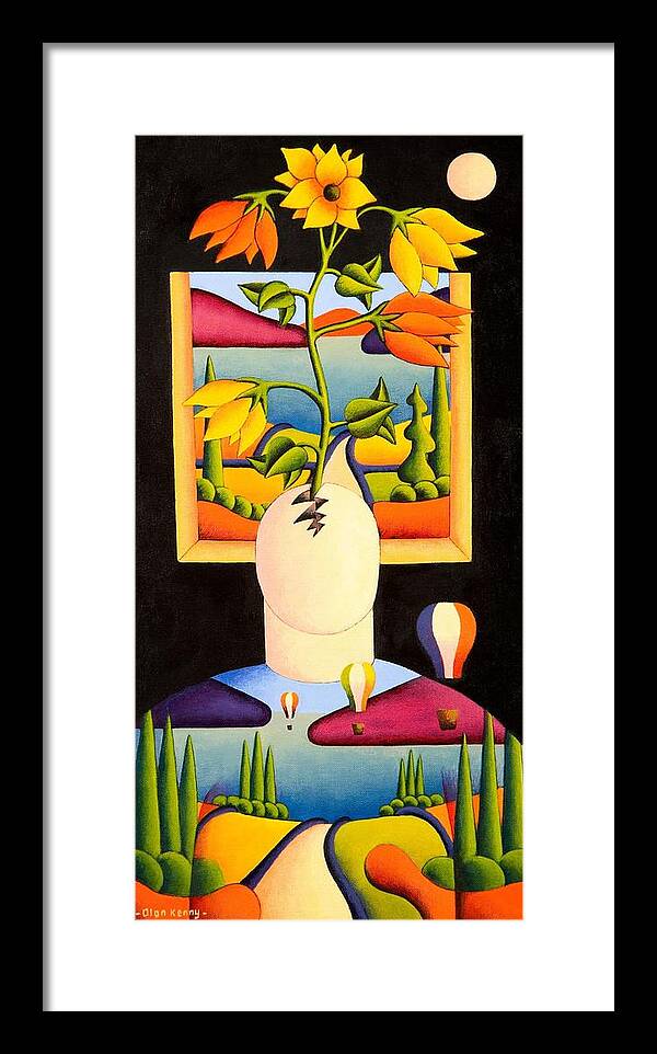 Head Flower Framed Print featuring the painting Head with emerging flowers by Alan Kenny