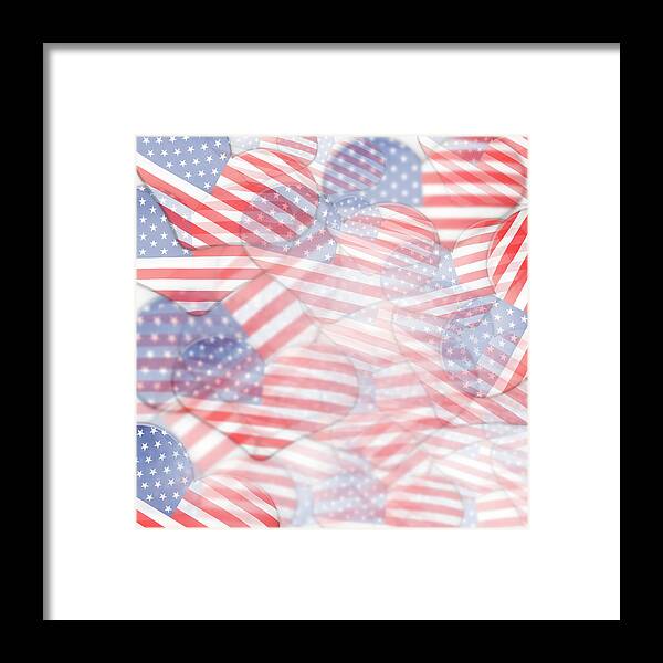 Independence Day Framed Print featuring the digital art Heart shape USA flags by Les Cunliffe