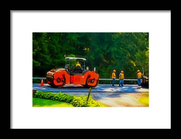 Activity Framed Print featuring the painting Heavy Tandem Vibration Roller Compactor At Asphalt Pavement Works For Road Repairing 2 by Jeelan Clark