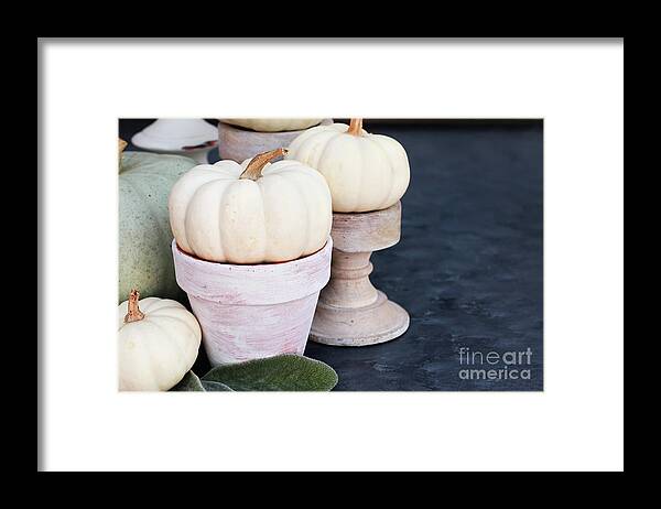 Thanksgiving Framed Print featuring the photograph Heirloom and Mini Pumpkins on Rustic Table by Stephanie Frey