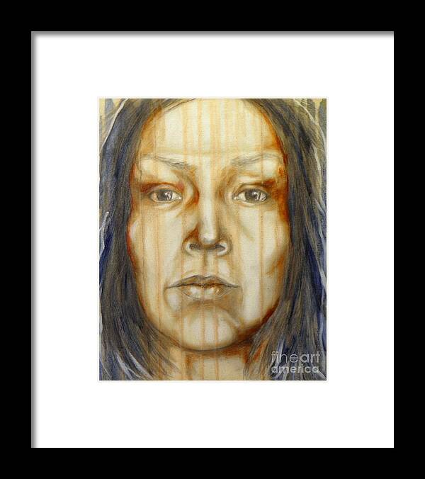 Portrait Female Woman Girl Eyes Nose Mouth Chin Neck Hair Dark Light Blue Black Burnt Sienna White Yellow Stare Framed Print featuring the painting Hello Darkness by Ida Eriksen