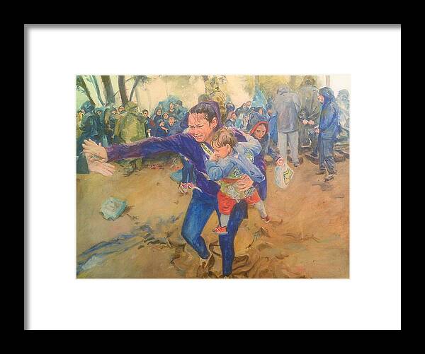 Woman Child Distraught Hand Outstretched Mud Purple Hoodie People In Background Held In Place Framed Print featuring the painting Helping Hand by Rosanne Gartner