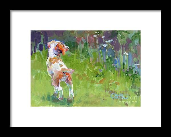 Brittany Spaniel Framed Print featuring the painting Her First Point by Kimberly Santini