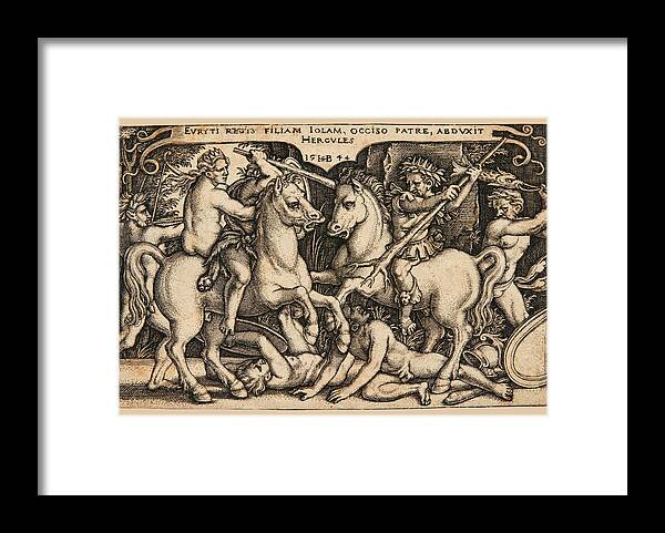 Sebald Beham Framed Print featuring the drawing Hercules Abducting Iole Having Slain Her Father King Eurytus by Sebald Beham