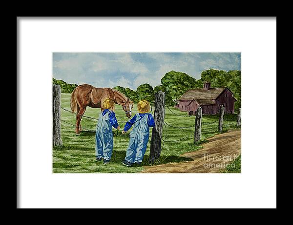 Country Kids Art Framed Print featuring the painting Here Horsey Horsey by Charlotte Blanchard