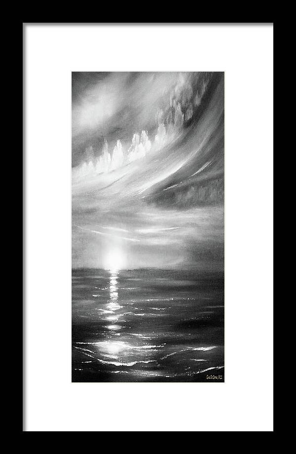 Sunset Framed Print featuring the painting Here It Goes -Vertical Sunset in Black and White by Gina De Gorna